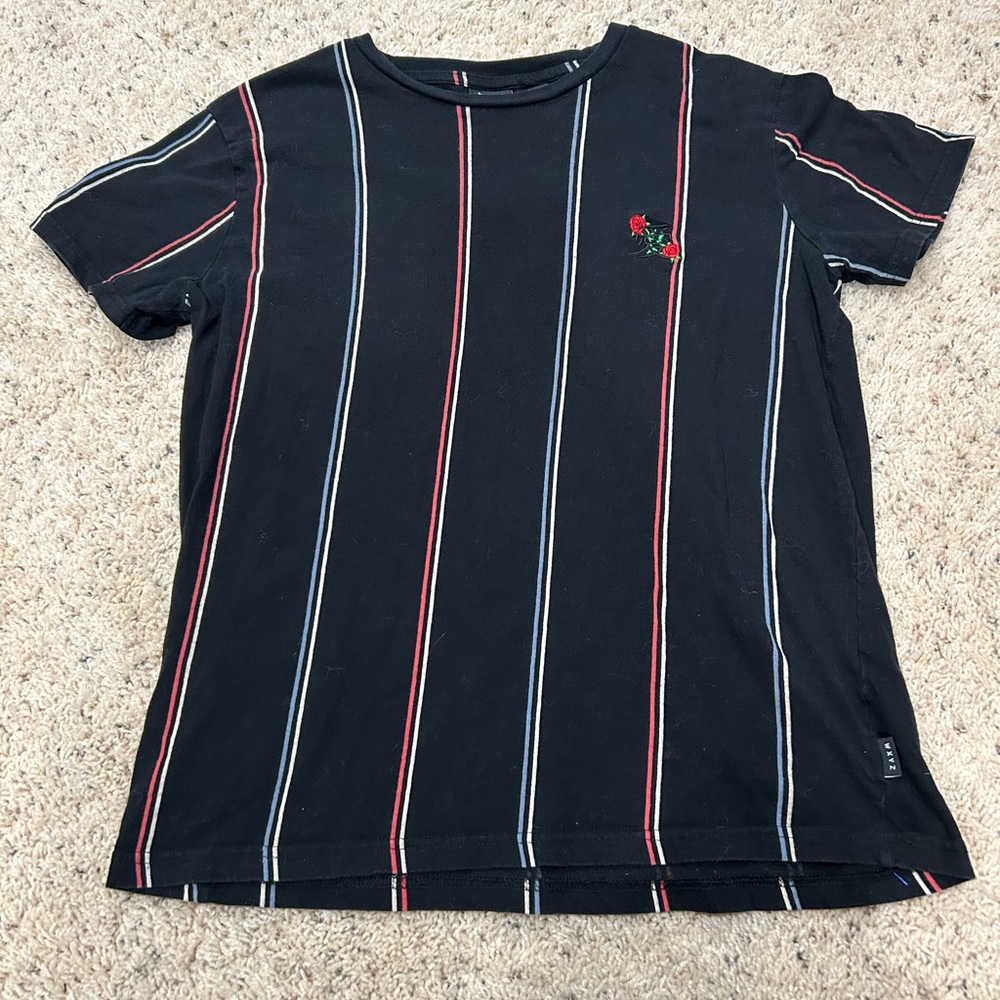 WXYZ Black Striped Rose and Japanese Character Embroidered T Shirt Size S